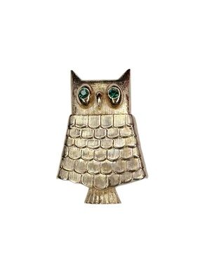 Gold Owl Brooch Locket with Green Rhinestone Eyes